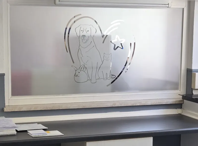 Fenster einer Tierarztpraxis mit Milchglasfolie und ausgespartem Motiv aus Hund, Katze und Kaninchen